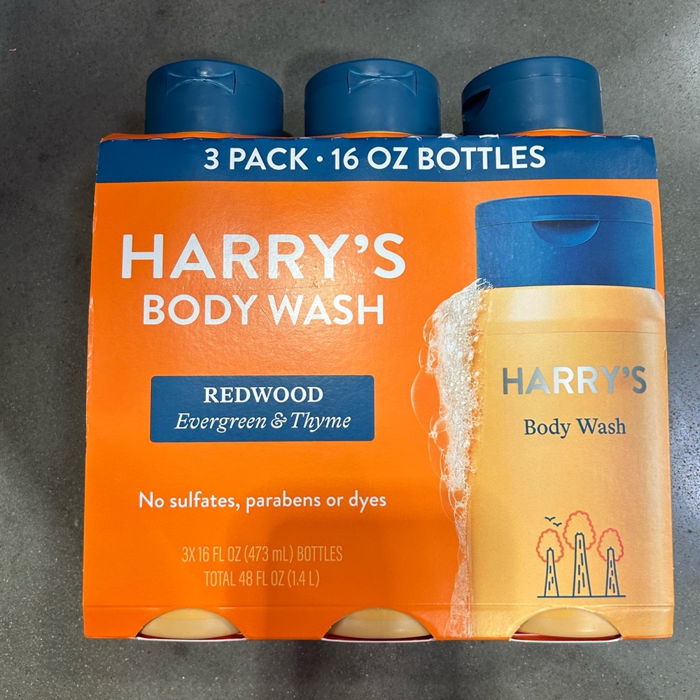 3 x Harry's Redwood evergreen thyme Body Wash 16 oz=48oz new family size
